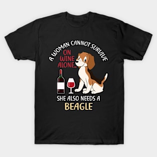 A Woman Cannot Survive On Wine Alone Beagle Dog Lovers T-Shirt